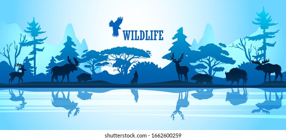 Wildlife vector background with mountains, forest and animals’ silhouettes in blue trendy colors. Horizontal stock banner with deer, wolf, elk and bear near the lake. Eco concept for ads, prints