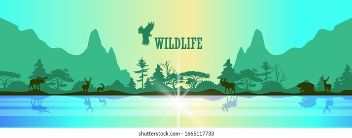 Fondo vectorial de vida silvestre con montañas, siluetas de bosque y animales en colores verdes de moda. Pancarta horizontal con ciervo, alce y oso cerca del lago. Concepto ecológico para anuncios, impresiones