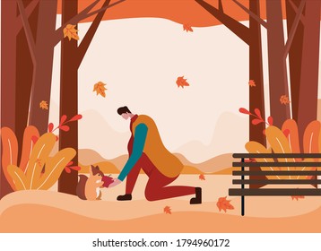 Wildlife vector concept: man feeding the squirrel an apple in the forest