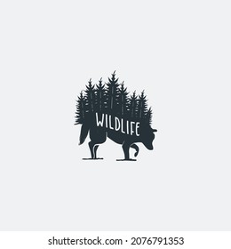 wildlife vector design illustration for business. wolf and pines wildlife logo vector design template with flat and hipster styles. 