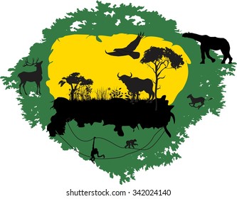 Wildlife vector illustration. Animals and trees black silhouettes on yellow and green background