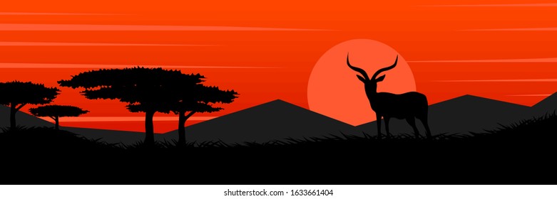 Wildlife vector landscape with silhouette foreground and orange tones in background.
