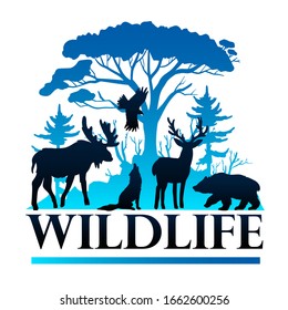 Wildlife vector poster with trees, pine, elk, wolf, deer, bear and eagle in blue trendy colors. Forest animals’ black silhouettes for prints, logos, labels, banners. Eco save nature concept