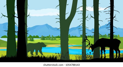 Wildlife vector silhouettes,northern forest trees and deer and bear silhouettes, wildlife concept