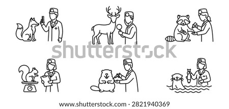 Wildlife veterinary set. Doctors treating forest animals. Rescue center illustrations. Professional animal rehabilitation services.