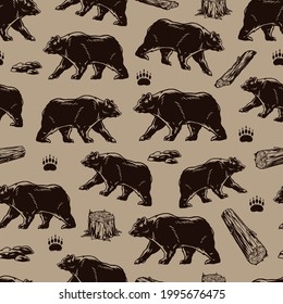 Wildlife vintage monochrome seamless pattern with bears stones wooden logs and stumps grizzly claws vector illustration