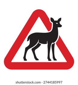 Wildlife warning sign featuring a deer silhouette inside a bold red triangular frame. Clean vector design ideal for forest roads, rural highways, national parks, and protected nature areas. Perfect for traffic signage, road safety campaigns, and environmental awareness materials.