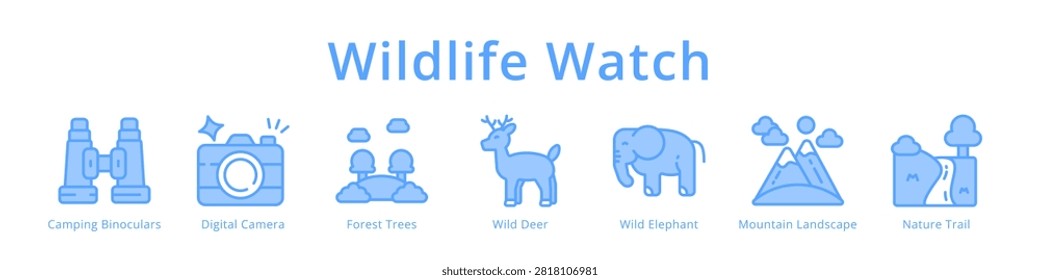 Wildlife watch icons featuring binoculars, camera, deer, elephant and mountain scenery, great for safari, nature and eco tourism content.