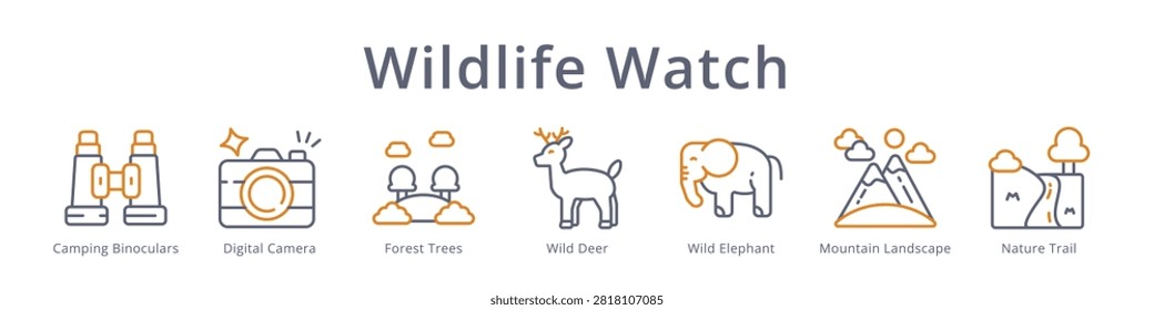 Wildlife watch icons featuring binoculars, camera, deer, elephant and mountain scenery, great for safari, nature and eco tourism content.
