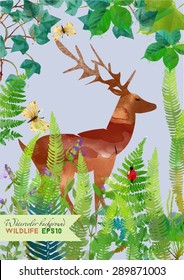 Wildlife. Watercolor vector background with deer
