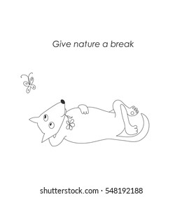 Wildlife welfare. Funny little nature conservation sketch. Cute wolf with a flower in the mouth lies is looking at the butterfly. Black and white vector image with inscription.