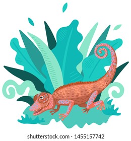 Wildlife, wild or domestic animal, lizard of bright color, chameleon symbol, green plants around. Children's illustration. Vector flat cartoon style illustration
