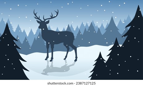Wildlife in winter landscape vector illustration. Silhouette of reindeer at pine forest in cold season. Winter wildlife landscape for background, wallpaper or landing page