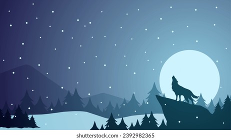 Wildlife in winter landscape vector illustration. Silhouette of wolf howling at pine forest in cold season. Winter wildlife panorama for background, wallpaper or scenery