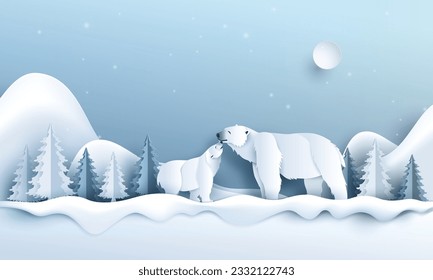 Wildlife Winter Scenes with polar bear with Christmas tree and snow,the winter season and Christmas.vector illustration in paper art style.