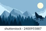 Wildlife wolf landscape vector illustration. Scenery of wolf howling silhouette in the cliff. Wolf wildlife landscape for illustration, background or wallpaper