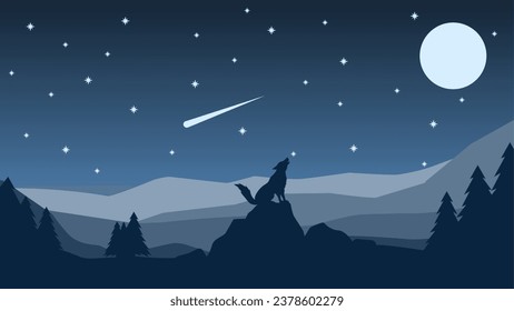 Wildlife wolf landscape vector illustration in the night. Silhouette of wolf howling in the night illustration. Wildlife landscape for background, wallpaper or landing page