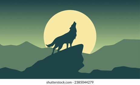 Wildlife wolf-Landschaft, Vektorgrafik. Silhouette des Wolfs heulen in der Nachtgrafik. Tierwelt-Landschaft auf Hintergrund, Bildschirmhintergrund oder Landungseite