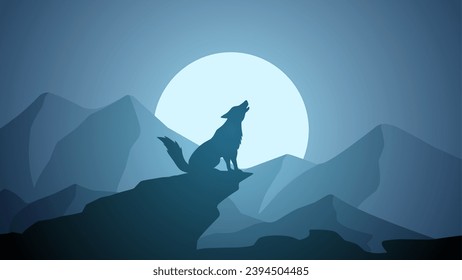 Wildlife wolf landscape vector illustration. Scenery of wolf howling silhouette in the cliff. Wolf wildlife panorama for illustration, background or wallpaper