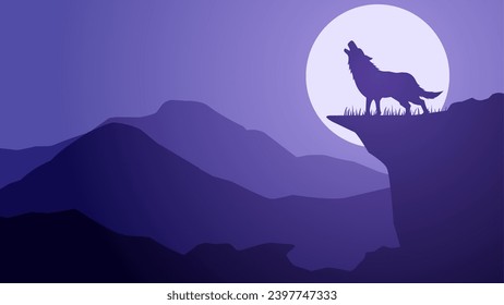 Wildlife wolf landscape vector illustration. Scenery of wolf howling silhouette in the cliff. Wolf wildlife landscape for illustration, background or wallpaper