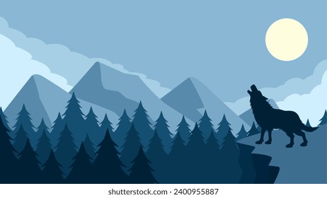 Wildlife wolf landscape vector illustration. Scenery of wolf howling silhouette in the cliff. Wolf wildlife landscape for illustration, background or wallpaper