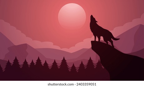 Wildlife wolf landscape vector illustration. Scenery of wolf howling silhouette in the cliff. Wolf wildlife landscape for illustration, background or wallpaper