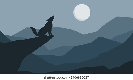 Wildlife wolf landscape vector illustration. Silhouette of wolf howling at full moon night. Wildlife wolf landscape for illustration, background or wallpaper