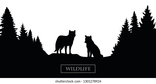 wildlife wolf silhouette forest landscape black and white vector illustration EPS10