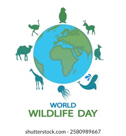 Wildlife world day planet with animals, vector art illustration.