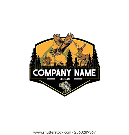 Wildlife-themed logo featuring a buck, pheasant, turkey, and fish, set against a mountain and forest backdrop with bold text and vibrant colors.