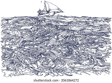Wildly wavy water surface with small sailing ship on top