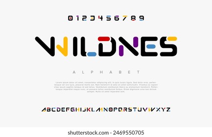 Wildnes creative geometric modern urban alphabet font. Digital abstract futuristic, fashion, sport, minimal technology typography. Simple numeric vector illustration