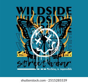 Wildside slogan with a graffiti aesthetic featuring a butterfly motif, fiery flames, and a happy emoji icon. Ideal for print design, T-shirts, streetwear, and more