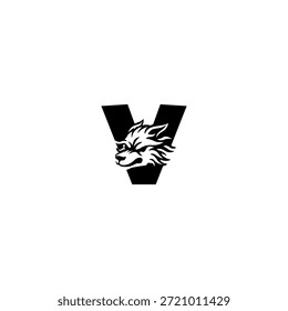 Ilustración vectorial de temática salvaje de una cabeza de lobo combinada con una letra V del alfabeto. Adecuado para marcas al aire libre, proyectos de vida silvestre, logotipos de aventura, identidad masculina, tipografía audaz y fuerte marca visual