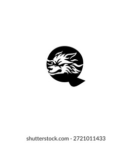 Ilustración vectorial de temática salvaje de una cabeza de lobo combinada con una letra Q del alfabeto. Adecuado para marcas al aire libre, proyectos de vida silvestre, logotipos de aventura, identidad masculina, tipografía audaz y fuerte marca visual