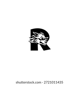Ilustración vectorial de temática salvaje de una cabeza de lobo combinada con una letra R del alfabeto. Adecuado para marcas al aire libre, proyectos de vida silvestre, logotipos de aventura, identidad masculina, tipografía audaz y fuerte marca visual