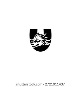 Ilustración vectorial de temática salvaje de una cabeza de lobo combinada con una letra del alfabeto U. Adecuado para marcas al aire libre, proyectos de vida silvestre, logotipos de aventura, identidad masculina, tipografía audaz y fuerte marca visual