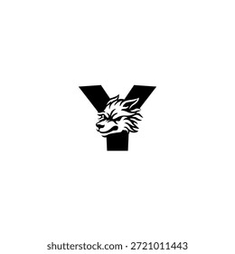 Ilustración vectorial de temática salvaje de una cabeza de lobo combinada con una letra Y del alfabeto. Adecuado para marcas al aire libre, proyectos de vida silvestre, logotipos de aventura, identidad masculina, tipografía audaz y fuerte marca visual
