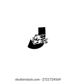 Ilustración vectorial de temática salvaje de una cabeza de lobo combinada con una letra J del alfabeto. Adecuado para marcas al aire libre, proyectos de vida silvestre, logotipos de aventura, identidad masculina, tipografía audaz y fuerte marca visual