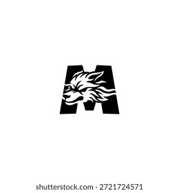 Ilustración vectorial de temática salvaje de una cabeza de lobo combinada con una letra del alfabeto M. Adecuado para marcas al aire libre, proyectos de vida silvestre, logotipos de aventura, identidad masculina, tipografía audaz y fuerte marca visual