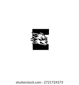 Ilustración vectorial de temática salvaje de una cabeza de lobo combinada con una letra del alfabeto E. Adecuado para marcas al aire libre, proyectos de vida silvestre, logotipos de aventura, identidad masculina, tipografía audaz y fuerte marca visual