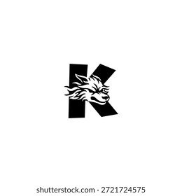 Ilustración vectorial de temática salvaje de una cabeza de lobo combinada con una letra del alfabeto K. Adecuado para marcas al aire libre, proyectos de vida silvestre, logotipos de aventura, identidad masculina, tipografía audaz y fuerte marca visual