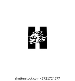 Ilustración vectorial de temática salvaje de una cabeza de lobo combinada con una letra del alfabeto H. Adecuado para marcas al aire libre, proyectos de vida silvestre, logotipos de aventura, identidad masculina, tipografía audaz y fuerte marca visual