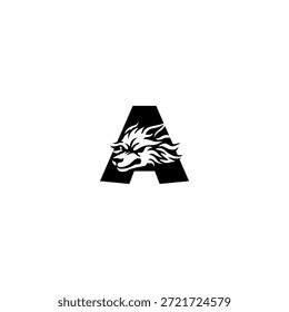 Ilustración vectorial de temática salvaje de una cabeza de lobo combinada con una letra del alfabeto A. Adecuado para marcas al aire libre, proyectos de vida silvestre, logotipos de aventura, identidad masculina, tipografía audaz y fuerte marca visual
