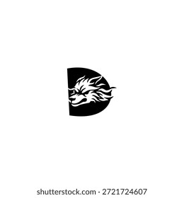 Eine Vektorgrafik mit wildem Thema eines Wolfskopfes kombiniert mit einem Buchstaben D. Geeignet für Outdoor-Marken, Wildlife-Projekte, Abenteuer-Logos, männliche Identität, mutige Typografie und starke visuelle Branding