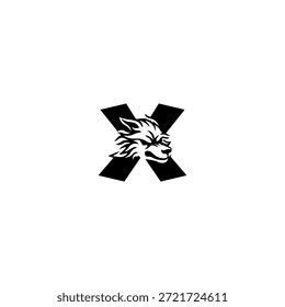 Ilustración vectorial de temática salvaje de una cabeza de lobo combinada con una letra del alfabeto X. Adecuado para marcas al aire libre, proyectos de vida silvestre, logotipos de aventura, identidad masculina, tipografía audaz y fuerte marca visual
