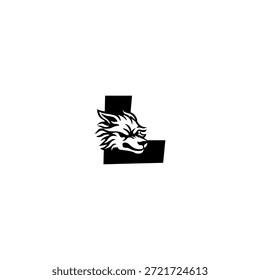 Ilustración vectorial de temática salvaje de una cabeza de lobo combinada con una letra del alfabeto L. Adecuado para marcas al aire libre, proyectos de vida silvestre, logotipos de aventura, identidad masculina, tipografía audaz y fuerte marca visual