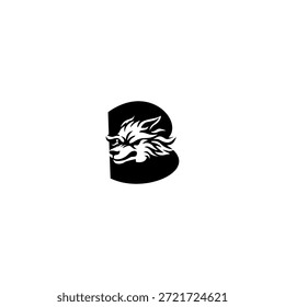 Ilustración vectorial de temática salvaje de una cabeza de lobo combinada con una letra del alfabeto B. Adecuado para marcas al aire libre, proyectos de vida silvestre, logotipos de aventura, identidad masculina, tipografía audaz y fuerte marca visual