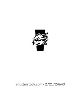Ilustración vectorial de temática salvaje de una cabeza de lobo combinada con una letra del alfabeto i. Adecuado para marcas al aire libre, proyectos de vida silvestre, logotipos de aventura, identidad masculina, tipografía audaz y fuerte marca visual