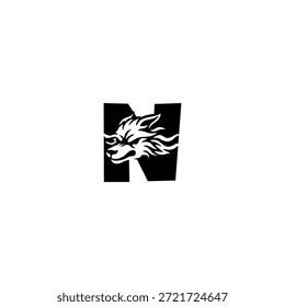 Ilustración vectorial de temática salvaje de una cabeza de lobo combinada con una letra del alfabeto N. Adecuado para marcas al aire libre, proyectos de vida silvestre, logotipos de aventura, identidad masculina, tipografía audaz y fuerte marca visual